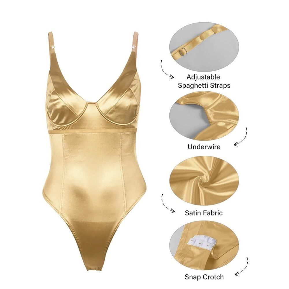 Women’s Sleeveless Bodysuit Gold Satin Night Out Leotard with Underwire. - Picture 2 of 8